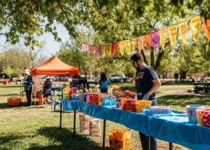 A volunteer setting up in a park for a spring fundraising event.