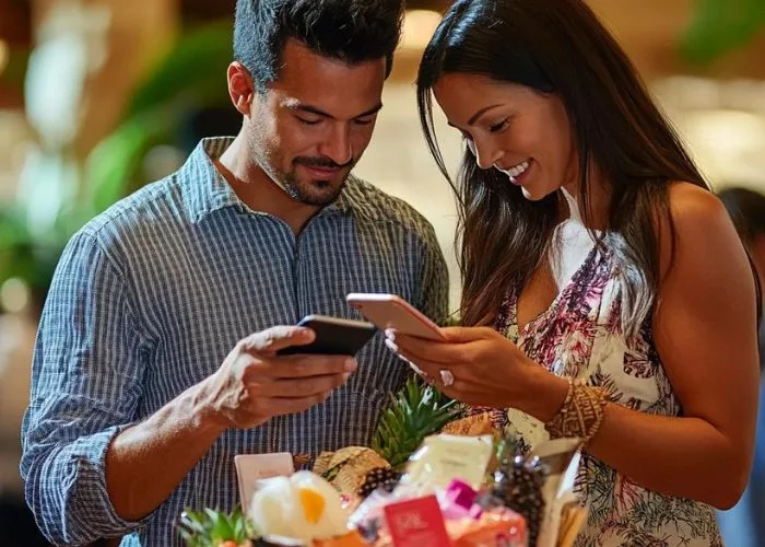 Couple bidding on silent auction items from their smartphones