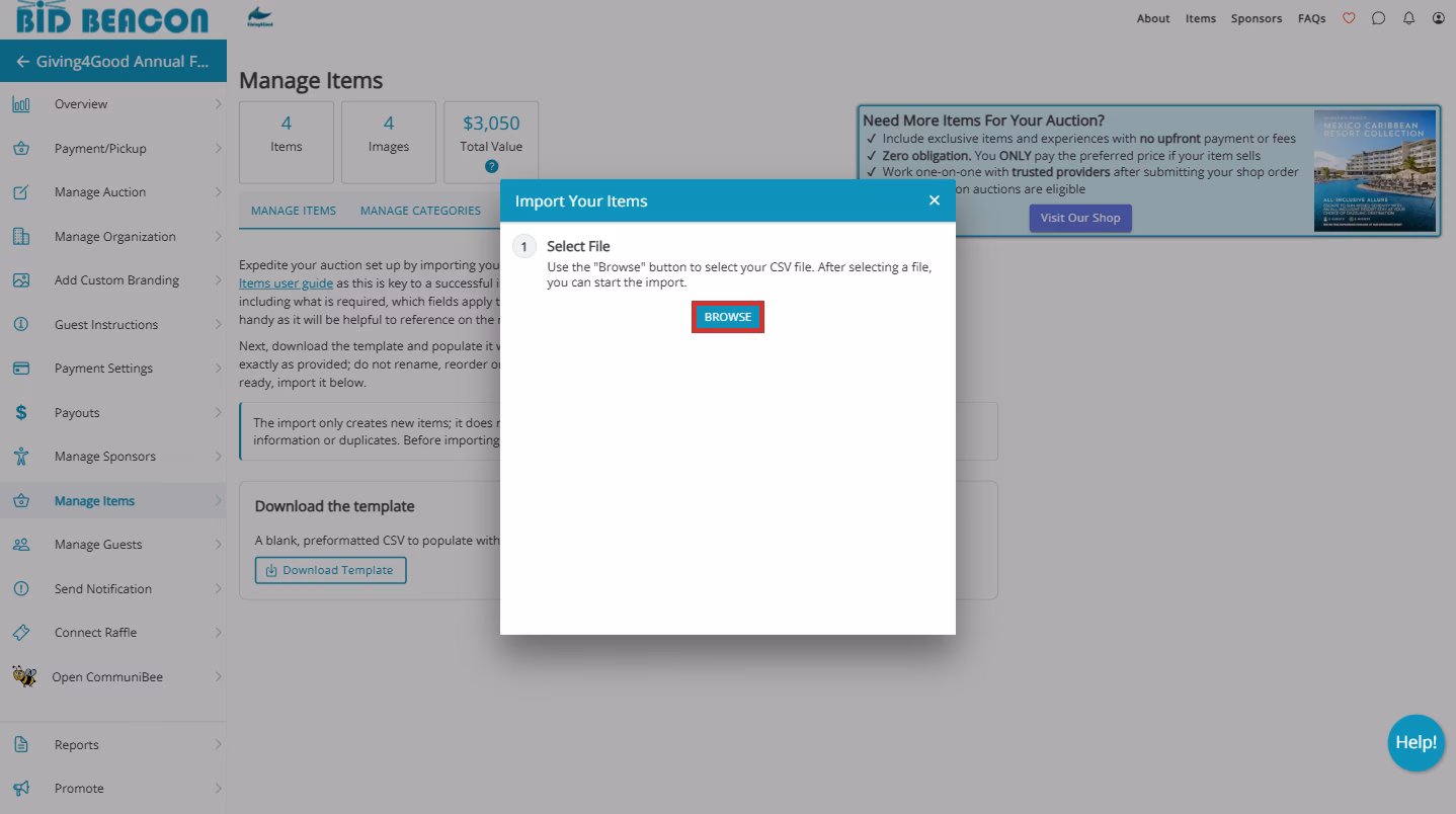 Manage Items 2026 Browse Import File