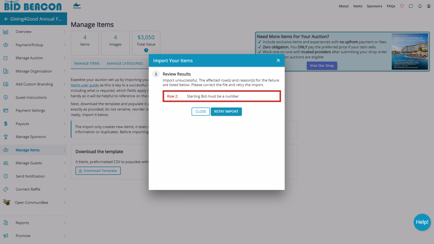 Manage Items 2026 Import Failure