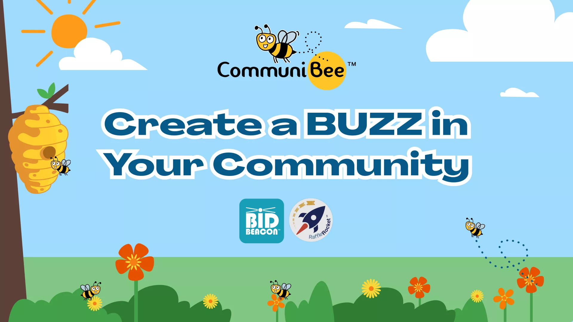 CommuniBee Suite, Bid Beacon, and Raffle Rocket form an integrated fundraising platform.