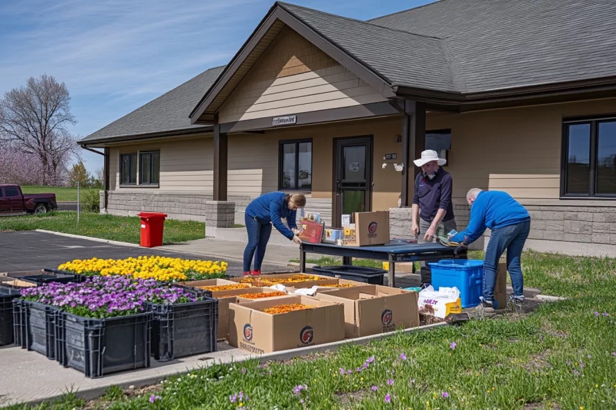 Volunteers setting up for a flower and plant sale in their community.