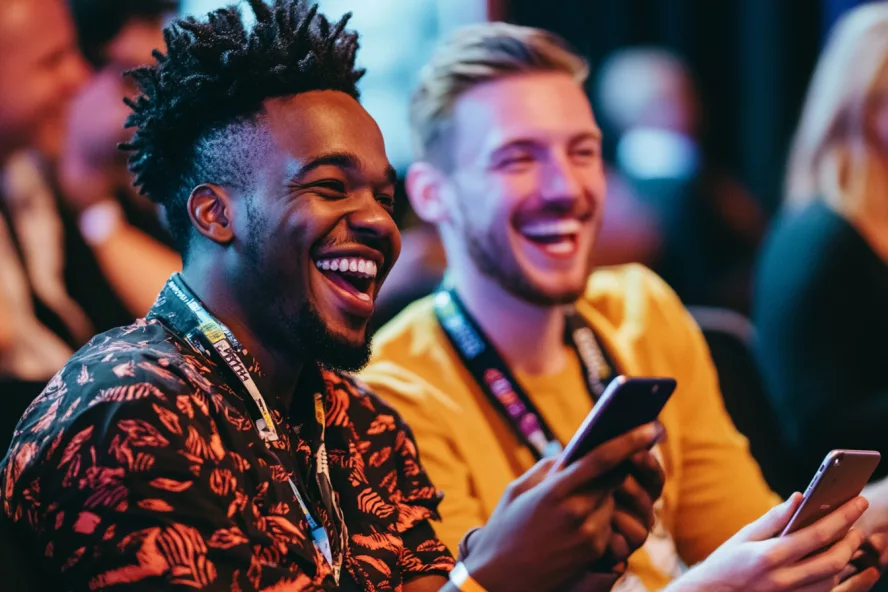 Two guys at a local fundraiser enjoying online bidding