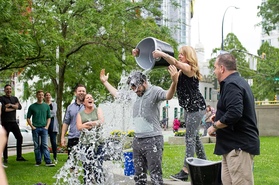 A volunteer taking part in the Ice Bucket Challenge to raise awareness.