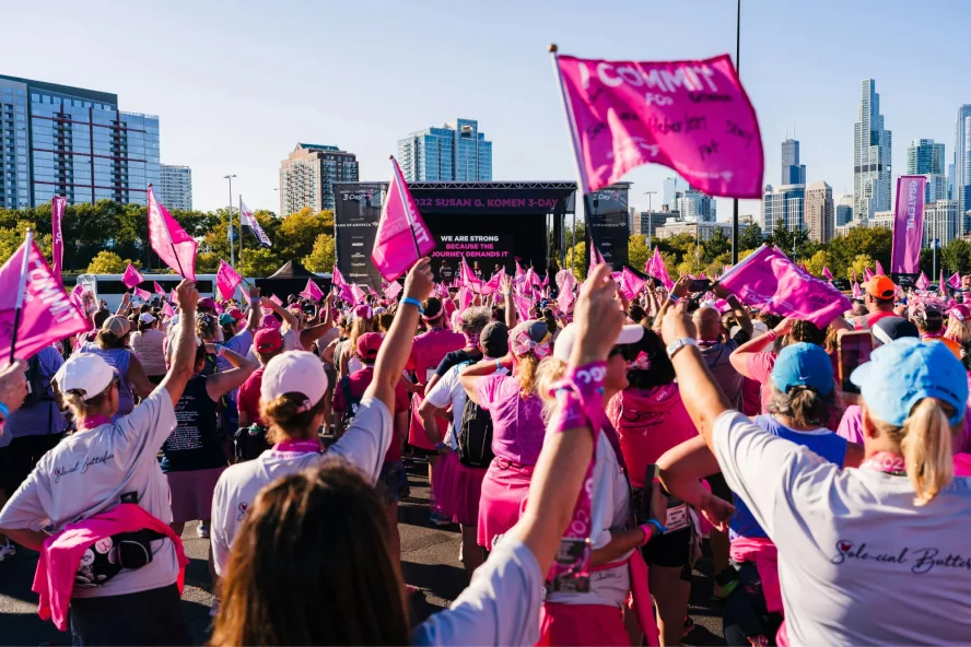 A group of people dressed in pink wave pink flags during an outdoor fundraiser.